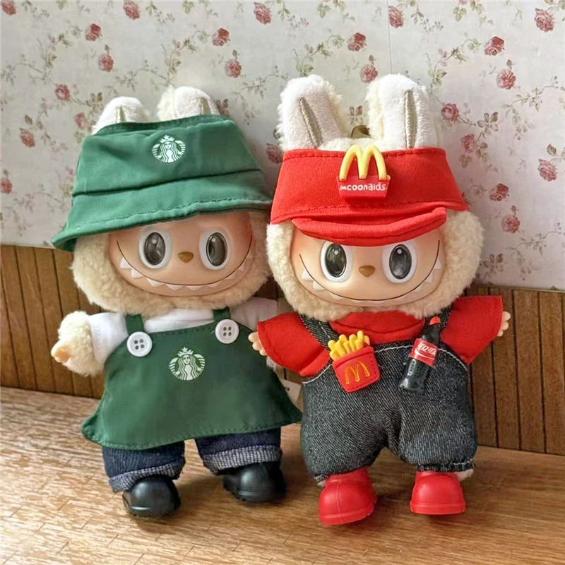 Baby Food Delivery - ชุดทำงานสำหรับตุ๊กตาลาบูบู ชุดเสื้อผ้าสำหรับร้านอาหารฟาสต์ฟู้ด ชุดครัวสำหรับเสิร์ฟเฟรนช์ฟรายส์ แฮมเบอร์เกอร์ ชุดคอสเพลย์แฟชั่น ผ้ากันเปื้อนกาแฟ