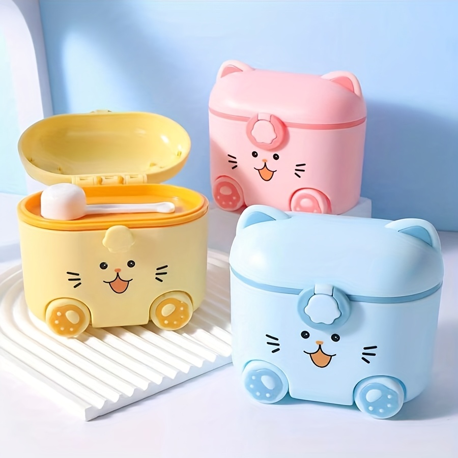 Baby Food Plan - ภาชนะใส่นมผงรูปแมวน่ารักพร้อมช้อนและตัวล็อค กล่องเก็บอาหารแบบพกพาสำหรับใช้งานกลางแจ้ง กล่องใส่ขนม