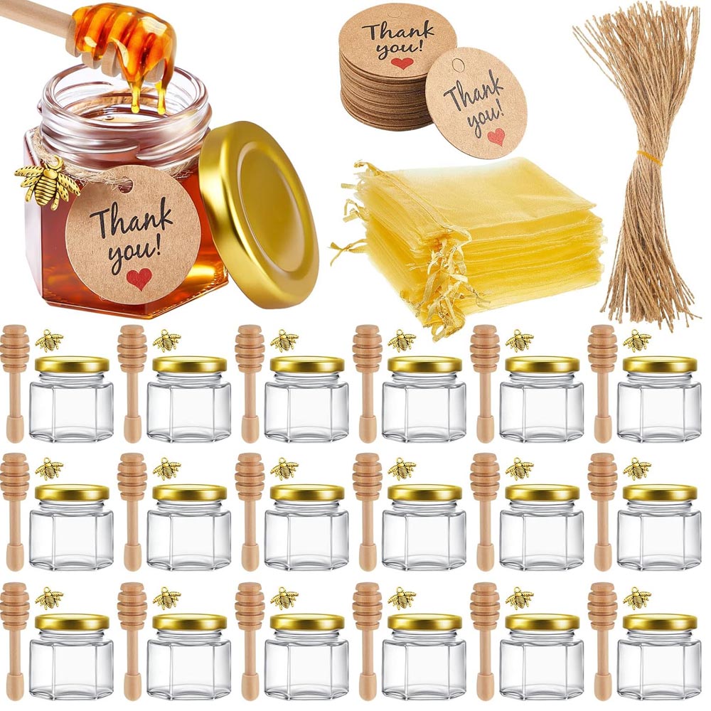 Baby Food Variety Pack - ขวดน้ำผึ้งขนาดเล็กพร้อมไม้ตักน้ำผึ้ง ฝาสีทอง จี้รูปผึ้ง ถุงของขวัญ และเชือกป่าน -